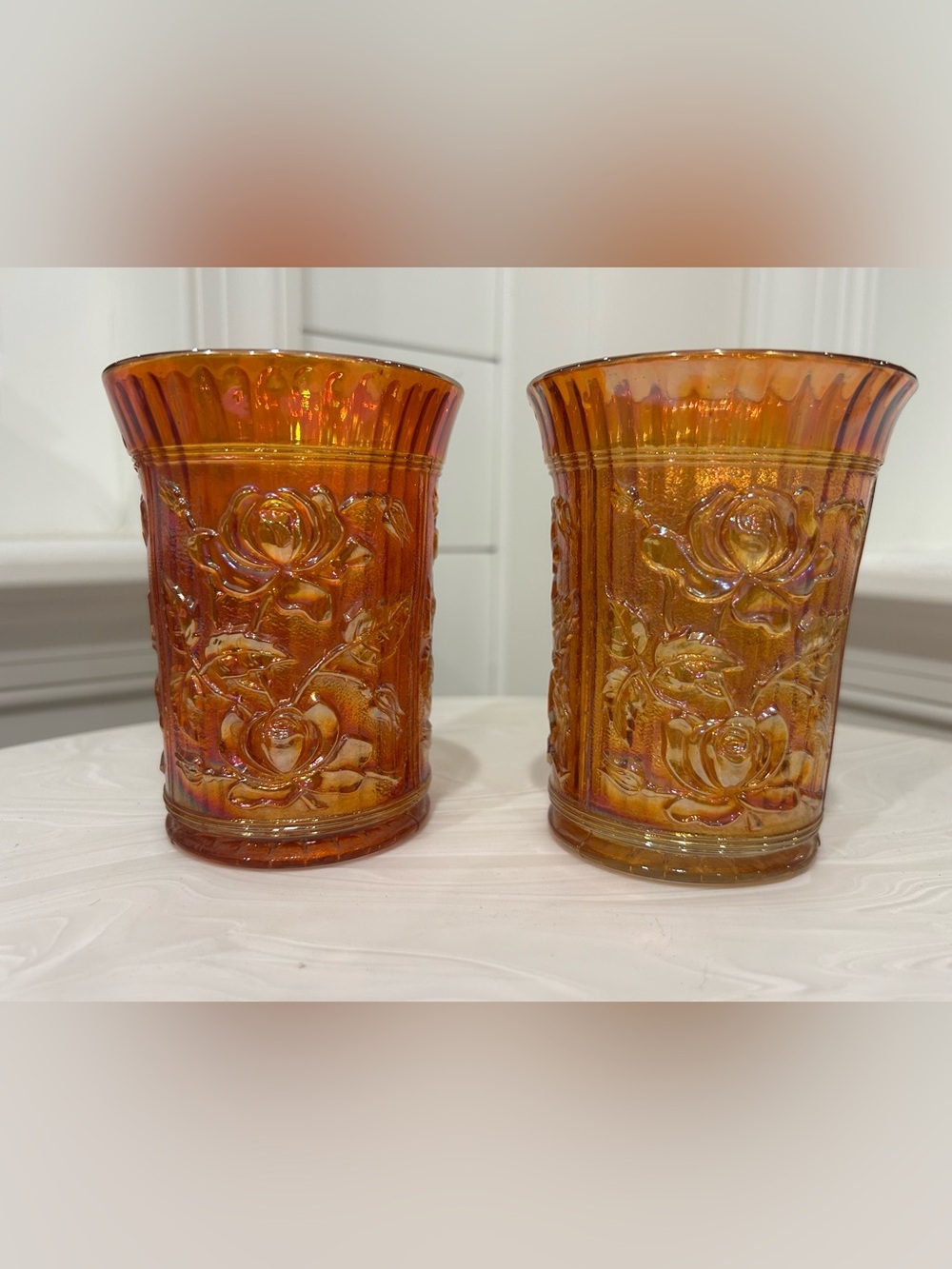 Antique Imperial Glass Lustre rose orange marigold Iridescent tumblers vase